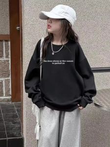 Spring & Fall Girls Black American round Neck Sweatshirt 2024 New Product Pullover Spring and Autumn All-Match Kids Casual Long Sleeves Tops