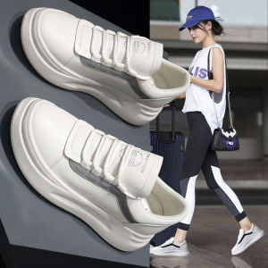 Leather Sneakers Womens Thick Bottom Heightening Summer White Casual Sports Flat Shoes Cross Buckle Simple Style round Toe
