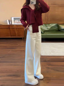 สูง เอว ขากว้าง กางเกงยีนส์ ผู้หญิง ฤดูใบไม้ร่วงสไตล์ใหม่ ทรงสลิม ตัดตรง กางเกง เอฟเฟกต์การทําให้ยาวขึ้น รูปทรงเล็ก สูงชัดเจน