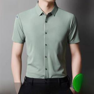 ROMON | Lormen Ice Silk Short Sleeve Shirt Mens Summer Thin No-iron Casual Pure Color Mid-aged Dad Shirt Fashionable Standard Fit
