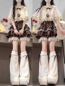 XUECAIQI | Korean Style Age-Reducing Knit Top Cape Checkered Pants Dress 3-Piece Set