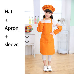 4PCS Chef Apron for Kids Boys Girls Outfit Drawing Hat Drawing Painting Apron Sleeve Kitchen Baking Cooking Apron Chef Costume Solid Color Adjustable Bib with Pocket Little Chef Apron Plain