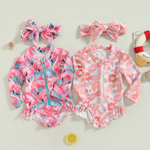 【beautywoo】Kids Girls Rash Guard Swimsuit Romper Flamingo/Flower Print Zipper Long Sleeve Sun Protection Bathing Suit with Headwear
