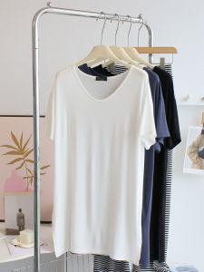 เสื้อเชิ้ตคอวีแขนสั้นผ้าโมดอลบางหลวมๆ สำหรับฤดูร้อน เสื้อคลุมนอนสำหรับผู้หญิง เสื้อคลุมกันหนาวสำหรับตั้งครรภ์ ชุดเดรสยาวปานกลาง