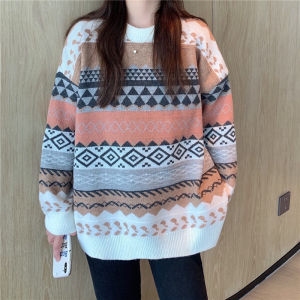 Wanita sweaters rajut lengan panjang longgar garis atas bulat leher mantel