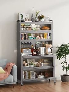 G-H Dish Cabinet Cabinet Kitchen Storage Multifunctional Organizer Rack With Cover&Wheels Floor Standing