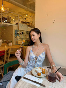 Chendafei Korean Style Spring New Womens Sleeveless Backless Striped Halter Neck Bohemian Top Fashion Ladies Vest Strap