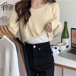 FRAN Korean style Autumn Irregular Front Short Back Long Loose Pullover Knitted Women Round Neck Long Sleeve Short Top COD