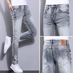High-End Mens Elastic Waist Floral Pattern Casual Jeans Color Block Fashionable Korean Version Splice Long Pants