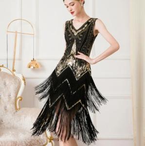 LUUQTCR 2022 New Women 1920s Vintage V-Neck Flapper Fringe Beaded Great Gatsby Party Cocktail Dress Size S-XL
