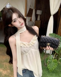 GUZILIAN | Korean Style Casual Commuter Ruffle Collar Solid Color Matchable Sleeveless Top Medium-Length