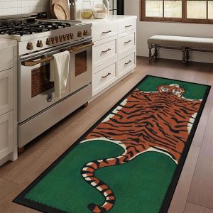 VIKAMA Green Background Tiger Runner Rug Anti Slip Washable Retro Animal Print Long Kitchen Hallway Floor Home Decor