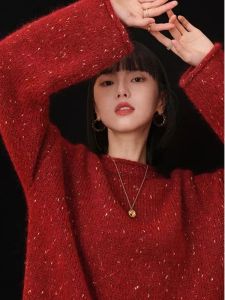 Fall and Winter New Arrival New Year Christmas Style Red Sweater Womens Mid Length Long Length round Neck Cashmere Loose Slim Looking Tops