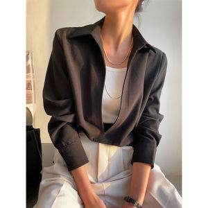 เสื้อเชิ้ตคอวีสีดำสำหรับผู้หญิง ทรงหลวม สไตล์ทำงาน แขนยาว ปกติ ลำลอง ฤดูใบไม้ผลิและฤดูใบไม้ร่วง เสื้อเชิ้ตคอกลม