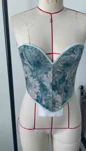 Womens Strapless Sweetheart Corset Vintage Blue Floral Tapestry Jacquard With Back Satin Lace Up
