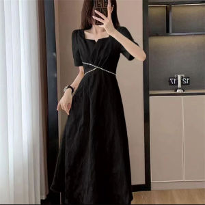 Retro plus Size Dress Hepburn Style Summer Waist-Cinching Square Collar Slimming Short Sleeve Black Knee-Length Over-Knee Dress