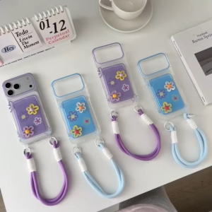 Cute 3D Flower TPU Card Holder Phone Case With Wrist Lanyard Shockproof Clear Cover For iPhone 11 12 13 14 15 16 17 18 Pro Max Plus Air Shockproof Clear Cover