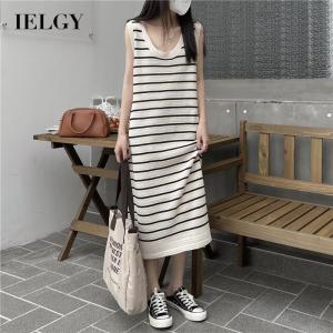 IELGY French womens long high waist striped slim knitted dress