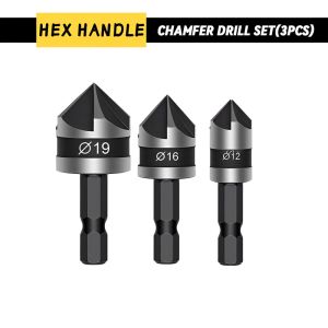 3PCS Countersink Drill Bit Hss Hex Chamfer Five Pears Hexagonal 90 Degrees Boring Drill Shank Carbon Steel Woodworking Tools Set