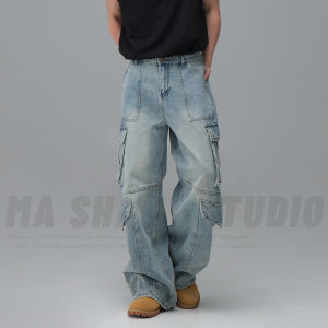 Retro American Washed Light Blue Heavy Pocket Work Pants Loose Wide Leg Jeans Youth Trendy Long Trousers for Men Casual Wear