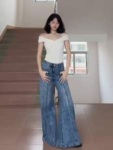 FASHLOVER Wide Leg Jeans Women High Waist Loose Pants Jeans Straight Leg Draped