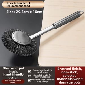 Kitchen Stainless Steel Long Handle Cleaning Steel Wool Pad