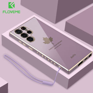 FLOVEME Maple Leaf Plating Phone Case For Samsung Galaxy S24 S23 S22 S21 Ultra Plus With Lanyard All-inclusive Silicone Soft Shockproof Back Cover For Samsung S24Ultra S23 S22 S21