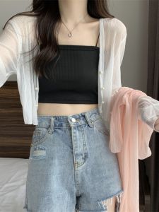 ผ้าไหมน้ําแข็งชีฟอง Anti-Sun แขนสั้นบางผู้หญิงเปิดเสื้อสเวตเตอร์ถักฤดูร้อน Hollow ตาข่ายแขนยาว Air Conditioner Coat กับ Suspenders