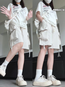 Khaki Large Pocket Workwear Shorts Women Summer New Small American Straight Leg Casual Five-Quarter Length Pants