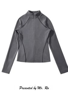 เสื้อเชิ้ตแขนยาวทรงเข้ารูปสไตล์อเมริกันย้อนยุคแบบซิปสองด้านสำหรับผู้หญิง ทรงเข้ารูป แขนยาว ทรงเข้ารูป ทรงเข้ารูป