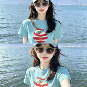 DUOFEIYAN | Dopamine Green Apple Print Round Neck Short Sleeve T-shirt for Women