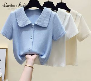 LAREINE เสื้อยืดสตรีสไตล์เกาหลีเข้ารูปเสื้อโปโลคอวีแขนสั้นเสื้อยืด