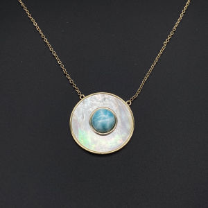 Trendy Natural Larimar Pendant 14K Yellow Gold White Shell Gemstone 8mm Necklace for Women Girl Party Fine Jewelry Gift