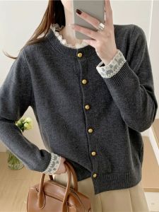 เสื้อคาร์ดิแกนถักสีเทาหนาสำหรับผู้หญิง ฤดูใบไม้ร่วง/ฤดูหนาว เสื้อคลุมกันหนาว แขนยาว ปกติ ปกติ ปกติ ปกติ ปกติ