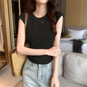 Summer Thin Knitted Short Sleeve T-Shirt Womens round Neck Hollow out Back Design Slim Fit Short Length Top Korean Style Commute Pure Color