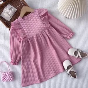 Melario | 3 4 5 6 7-year-old Girl Casual Solid Color Clothe Round Neck Long Sleeved Lace Pleated Dress Countryside Style Daily Wear Autumn