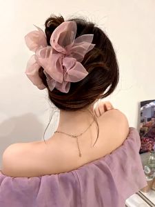 Gypsophila Ribbon Gauze Bow Hair Clamp Grab Clip Female Back Head Half-Tie Hair Clip Shark Clip