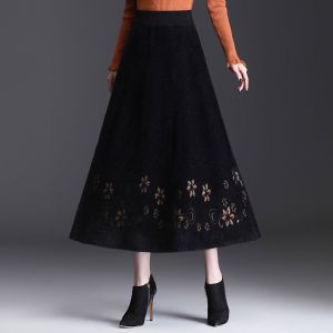 กระโปรงยาวปานกลางถักหนาสำหรับผู้หญิงฤดูใบไม้ร่วง/ฤดูหนาว กระโปรงทรงเอลายมีด กางเกงขายาวเอวสูง กระโปรงทรงเอลายมีด