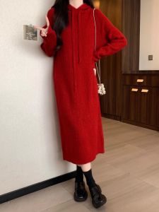 Red Thickened Knitted Hat Dress Womens Autumn Winter New Style Loose Long Knitted Dress Commute Straight Tube Bright Thread