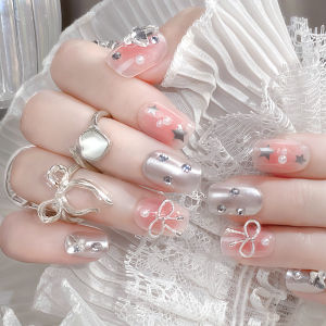 【With Glue】Ready Stock Female Fake Nail Sweet Star and Bow Artificial Nail for Women and Girl Party Activity