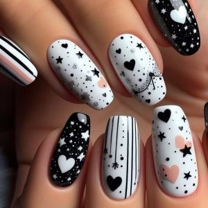 Short Medium fake nails for wome girls black white cute heart design for Valentines Day Square nail tips press on false nail