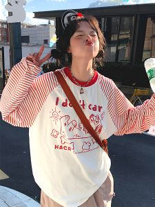 American Sweet Style Retro Shoulder Print Long Sleeve T-Shirt Womens Early Autumn Casual Loose Lightweight Lazy Loose Feeling Top