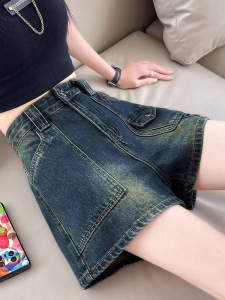 Retro Faded Denim Shorts Womens Summer High Waist Wide Leg Pocket Design Casual Cool Feeling Breathable Comfortable Fit Shorts