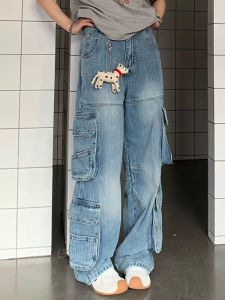 American Retro Workwear Denim Pants Mens Womens High Street Loose Slim Wide Leg Pants Multiple Pockets Bamboo Fiber