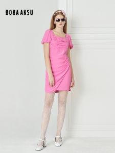 Bora Aksu Summer New Bubble Sleeve Square Collar Viscose Pleated Wrap around Dress B1DDW64810 Womens Fashion Bodycon Dress
