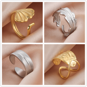 Cazador Ginkgo Leaves Rings for Women Open Geometric Ring Adjustable Stainless Steel Jewelry Mother Days Day Gift Wholesale New