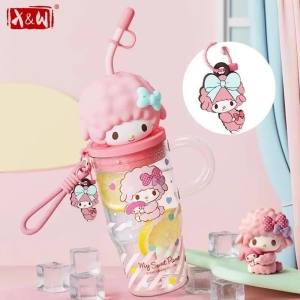 XW | X&W for Sanrio Desktop Glass Cup Cartoon Hello kitty Straw Water Cup with Handle&Loop&Doll Lid High Borosilicate Glass Drinkware