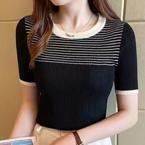 ⚜️SF Korean Fashion Knitted Blouse Top Short Sleeves Square Neck Striped Knitted Blouse