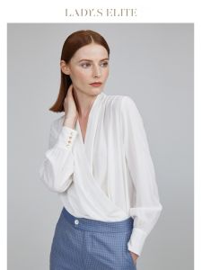 Elite LadyS V-Neck Ice Silk Lantern Sleeve Shirt Professional Design Sensation Small Audience Commute Style Polyester Fiber