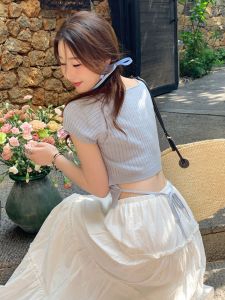 Pure Desire Square Collar Ice Silk Sweater Short Sleeve Womens Summer 2024 New Arrival Shoulder T-Shirt Fashionable Versatile Short Top